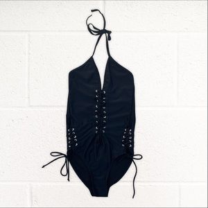 Boohoo Black Lace Tie Up One Piece Bikini